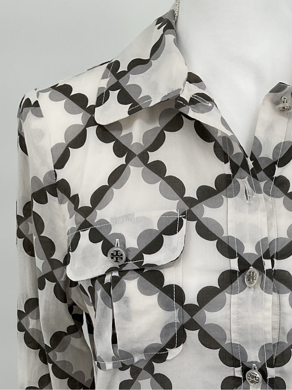 Tory Burch Logo Print Cotton Popover Utility Blouse Women’s 8 Gray White